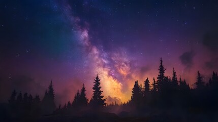 Fototapeta premium Night sky featuring the vibrant Milky Way galaxy and pine forest silhouette, starry cosmos with colorful nebula, creating a mystical atmosphere in high-resolution astrophotography.