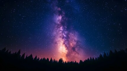 Fototapeta premium Night sky featuring the vibrant Milky Way galaxy and pine forest silhouette, starry cosmos with colorful nebula, creating a mystical atmosphere in high-resolution astrophotography.