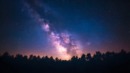 Night sky featuring the vibrant Milky Way galaxy and pine forest silhouette, starry cosmos with colorful nebula, creating a mystical atmosphere in high-resolution astrophotography.