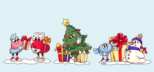Groovy Christmas cartoon characters with gift boxes set. Funny retro happy Christmas Tree, snowman and candy, Santa hat and sock. Xmas present mascot, cartoon stickers of 70s 80s vector illustration