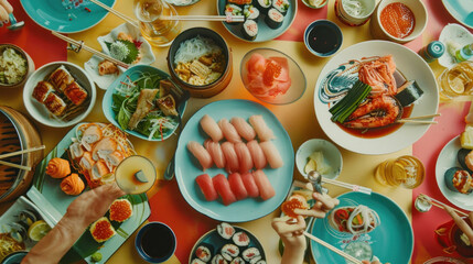 A vibrant table filled with iconic Asian dishes like sushi, pho, and dim sum, showcasing the diverse flavors of the continent.