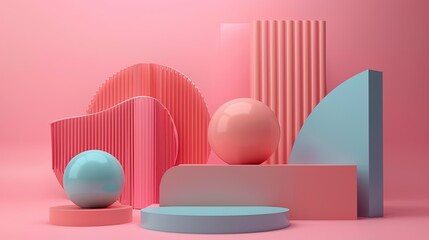 Minimalist geometric shapes in pastel colors, abstract modern 3D composition