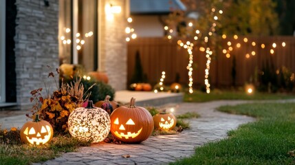 Fototapeta premium A backyard Halloween scavenger hunt pumpkins glowing on the ground