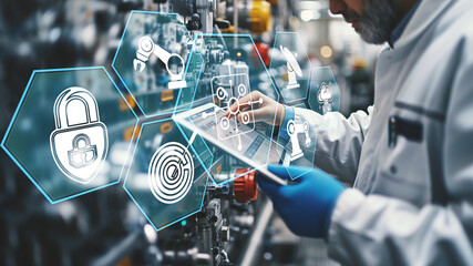 A man is looking at a tablet with a blue screen that has a lock symbol on it