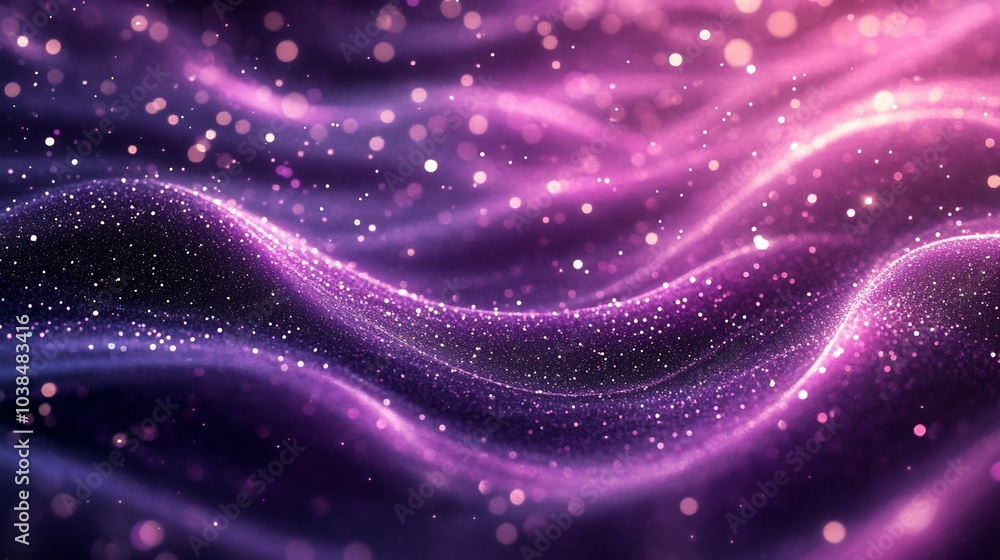 Poster vibrant abstract background featuring swirling particles deep purple and shimmering silver creating 