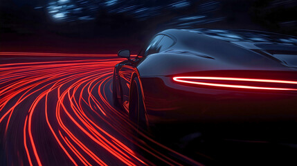 Obraz premium A car that drives very fast on a nighttime road, racing in a night competition of fast cars, a sports car that goes too quickly and leaves red trails behind.