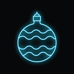 Neon blue christmas bauble with wavy pattern glowing on black background