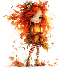 A whimsical character with vibrant red hair and autumn leaves holding a lantern, embodying the spirit of fall in a colorful landscape