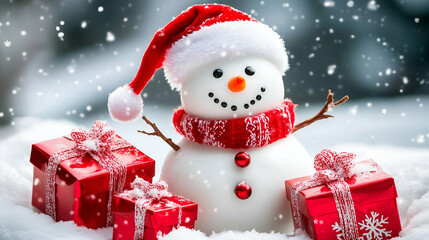 Fototapeta premium Merry Christmas winter holiday christmas background banner - Closeup of cute funny snowman with santa claus hat and scarf and red gift boxes, on snowy snow snowscape with snowflakes