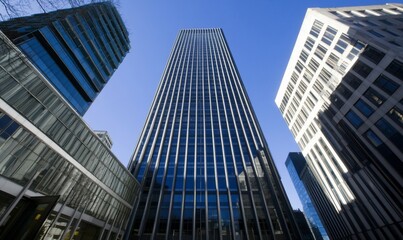 A modern urban landscape featuring tall glass skyscrapers.