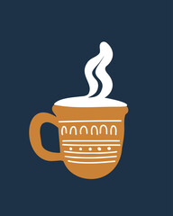 Charming cup of hot cocoa with steam rising, vector illustration in soft winter tones for holiday greeting cards