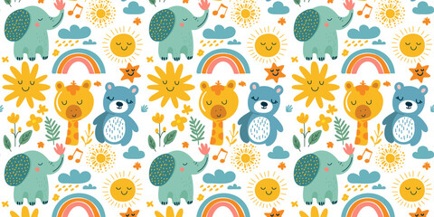Cute seamless pattern with adorable cartoon animals and fun nature scenes, giraffe, bear and elephant surrounded by happy suns, clouds and rainbows, perfect for nursery wall decor