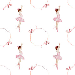 Ballerina watercolor pattern. Hand drawn seamless incredible girl dancer in pink tutu skirt with vintage bows. Clip art on isolated white background of cute ballet beauty. Ideal for baby textiles