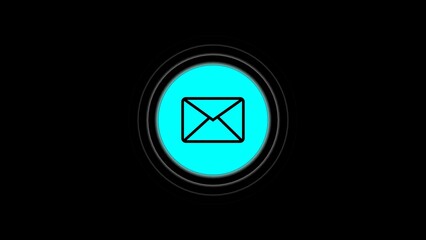 Neon mail envelope icon. Glowing neon email sign, incoming message silhouette in vivid colors. Email Envelope on Color Round Buttons. 
