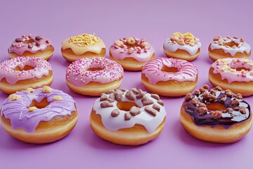 Assortment of colorful and decorated donuts