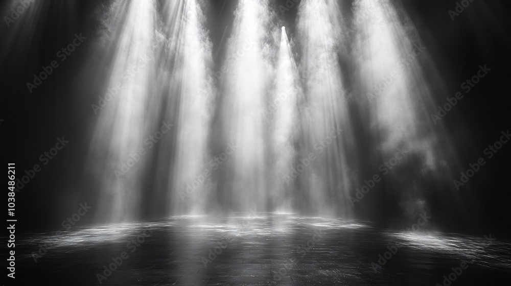 Poster white beams of light cut sharply through fog casting crisp highlights and deep shadows on a dark sta