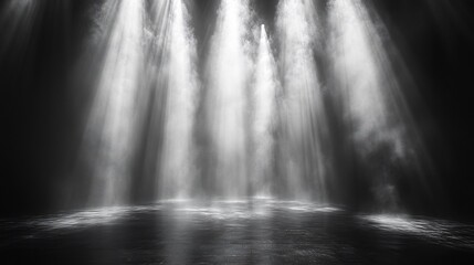 White beams of light cut sharply through fog casting crisp highlights and deep shadows on a dark stage enhancing the minimalist elegance of the setting