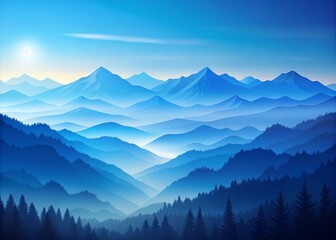Obraz premium Blue vector landscape featuring silhouetted misty mountains creates a tranquil nature scene. This abstract art offers a scenic background, evoking a peaceful atmosphere for design.