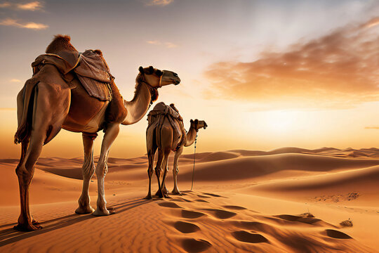 Kamele Karawane in der W&uuml;ste als Hintergrund