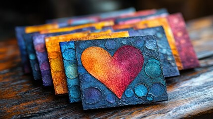 Colorful handmade cards with vibrant heart artwork on rustic wooden table.