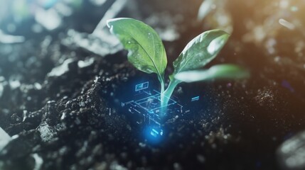 Futuristic Agriculture Technology Concept with Digital Interface and Growing Plant in Soil Highlighting Sustainable Farming, Precision Agriculture, and Smart Farming Innovations