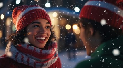 smiling woman in winter clothing during snowfall