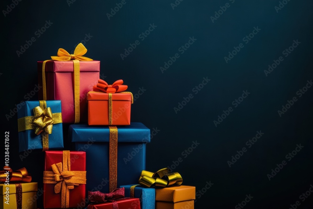 Poster A vibrant arrangement of stacked gift boxes adorned with shiny bows, creating a festive atmosphere for celebrations and special events. Generative AI