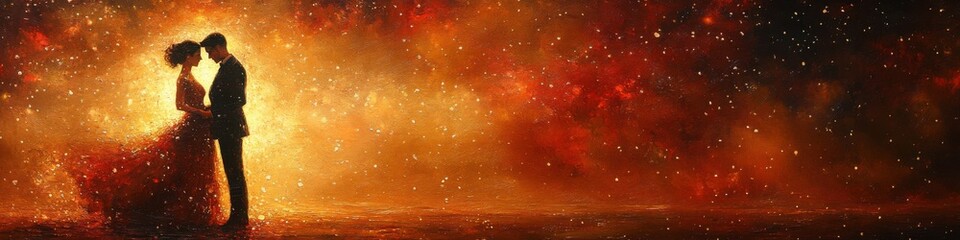 Silhouetted couple embraces in a dreamy cosmic landscape with vibrant, swirling colors.