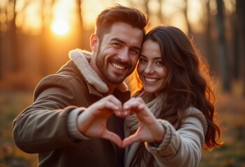 Obraz premium A happy couple forms a heart shape with their hands while enjoying the sunset in a park, symbolizing love, romance, and togetherness. The image emphasizes relationships and shared moments.