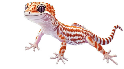 Obraz premium A close-up of a leopard gecko with orange and white stripes, looking directly at the viewer.