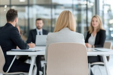 Business team meeting, a group of multiethnic employees sitting at a table discussing a project in an office conference room. Blurred background with a reflection on the glass wall. Copy space,