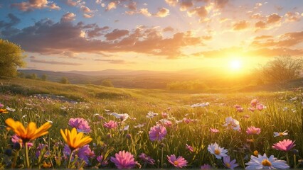 Obraz premium Abstract soft focus sunset field landscape of yellow flowers and grass meadow warm golden 