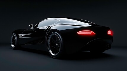 Black sports car on a dark background, viewed from the rear, with red tail lights.