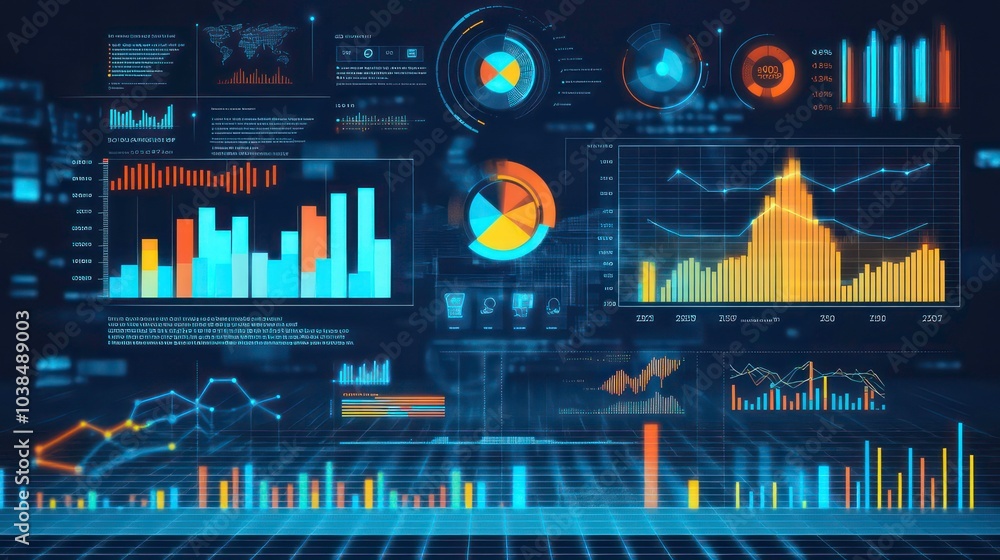 Poster a futuristic digital interface with various data visualizations, including graphs, charts, and diagr