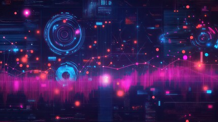 Abstract digital background with futuristic HUD elements, glowing lines, and circles in pink and blue tones.