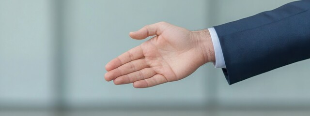 Obraz premium Man in suit offering hand to worker or colleague holding out an open palm ready for a handshake, conveying a positive future for the company concept. 