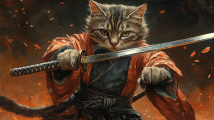 Japanese Cat Samurai Warrior in Battle Pose with Katana