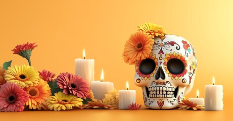 Day of the dead skull with flowers and candles