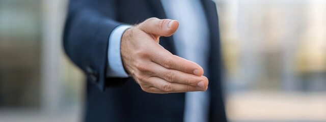 Fototapeta premium Man in suit offering hand to worker or colleague holding out an open palm ready for a handshake, conveying a positive future for the company concept. 