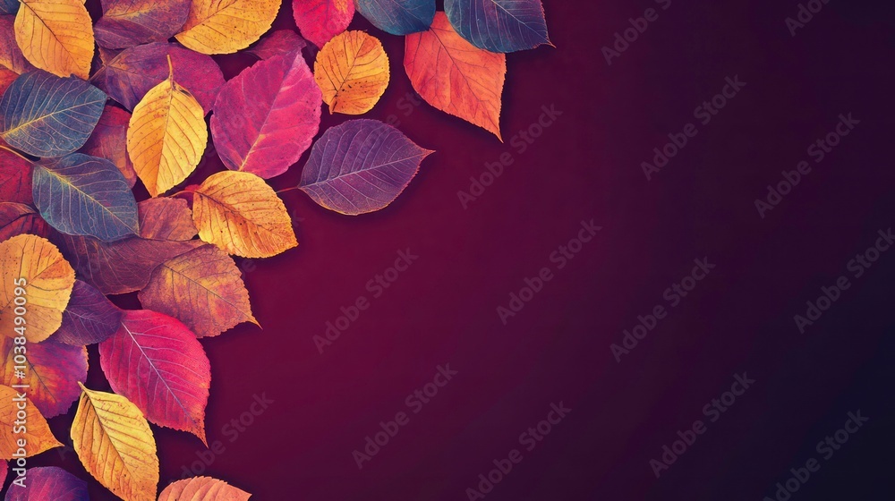 Poster autumn leaves arranged in a corner on a dark red background with copy space.