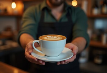 A barista presents a cup of cappuccino with latte art in a cozy caf , symbolizing hospitality, coffee culture, and warm service. The image emphasizes customer service and coffee art.