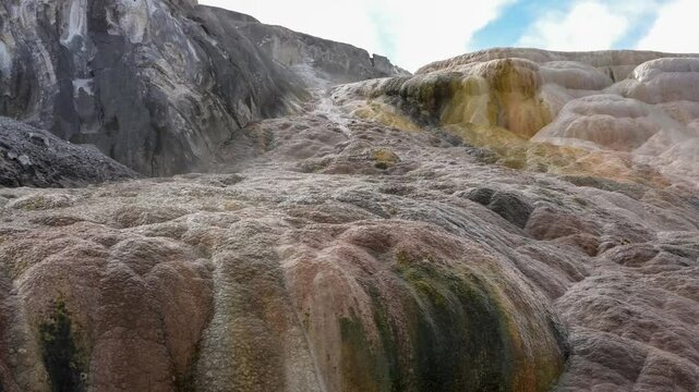 mammoth terrace hot springs depositing calcium carbonate through geothermal vent activity, Yellowstone National Park, Wyoming USA 