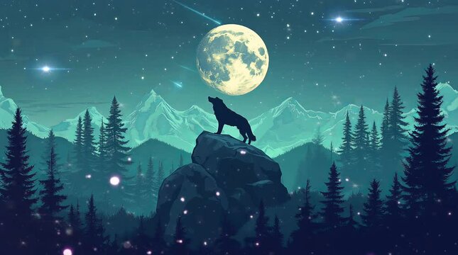 silhouette of a wolf roaring on a rock in the middle of the forest. Seamless looping time-lapse virtual 4k video animation background