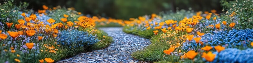 A serene garden path winds through vibrant beds of orange poppies and blue wildflowers under a soft, diffused light.