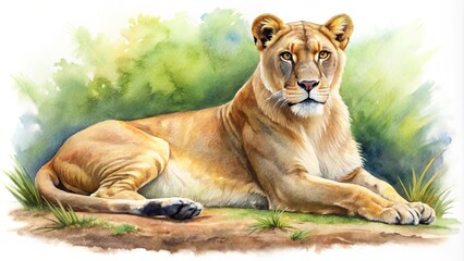 Obraz premium Captivating watercolor lioness illustration, perfect for zoo park invitations and African wildlife decor. Embrace nature's beauty with this unique safari-themed wall art masterpiece.