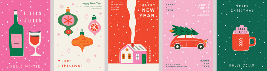Christmas Minimalist card set - abstract Holidays flyers. Lettering with Christmas and New Year decorative elements. Vector illustration.