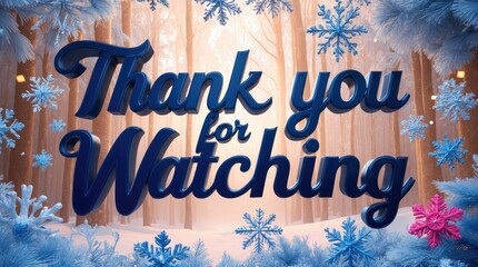 Snowy forest scene with 3d thank you sign and snowflakes. Background that says thank you for watching