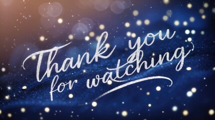 Silver glitter sparkles forming a thank you for watching text on blue elegant background. 