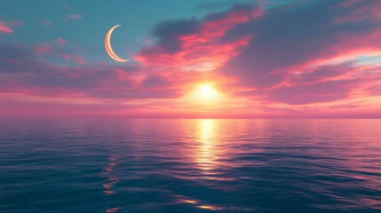 A vibrant sunset over the ocean with a crescent moon in the sky, creating a dramatic and beautiful scene.
