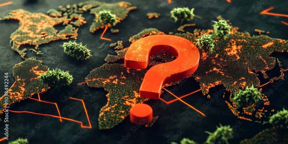 Poster a striking image of the world map highlighted by a large orange question mark. this artwork symboliz